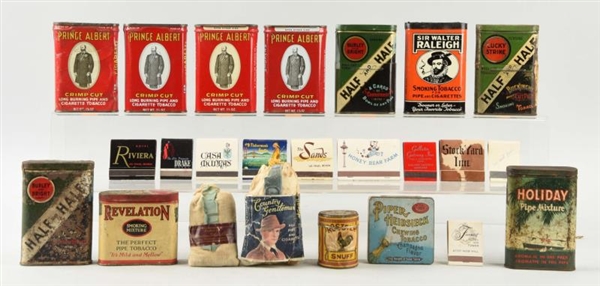 LOT OF 20+:  EARLY TOBACCO TINS & MATCHBOOKS.     