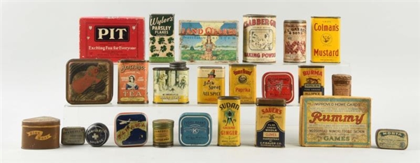 LARGE LOT OF SPICE TINS & GENERAL STORE ITEMS.    