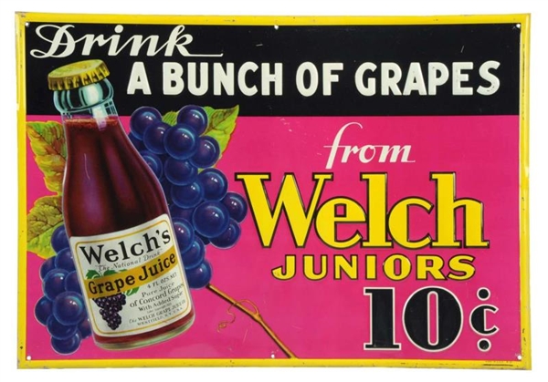 WELCH’S GRAPE JUICE EMBOSSED TIN ADVERTISING SIGN.
