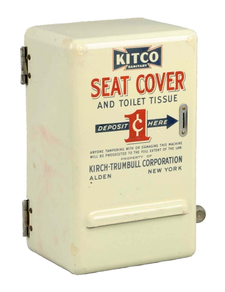 PORCELAIN KITCO SEAT COVER COIN-OP DISPENSER.     