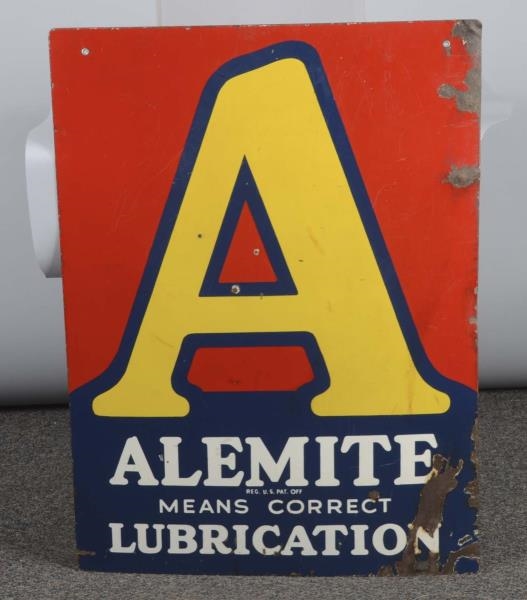 ALEMITE LUBRICATION DOUBLE SIDED PORCELAIN SIGN   