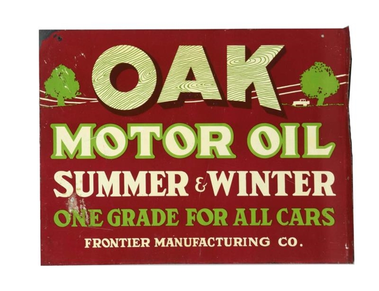 OAK MOTOR OIL SUMMER & WINTER TIN FLANGE SIGN.    