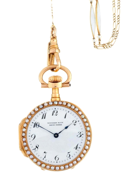 PATEK PHILIPPE FOR TIFFANY LADIES GOLD POCKET WATCH WITH CHAIN         