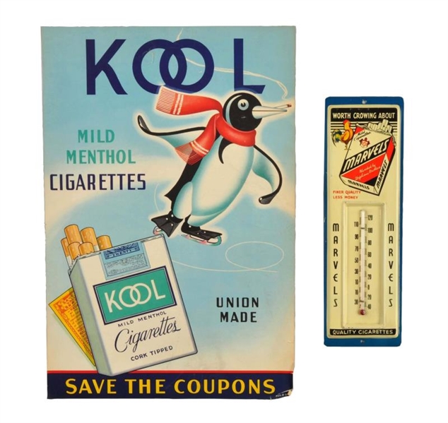 LOT OF 2: ADVERTISING TOBACCO THERMOMETER & SIGN. 