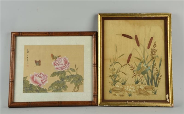 LOT OF 2: PAINTING AND EMBROIDERY ON SILK.        