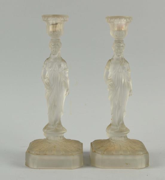 PAIR OF FROSTED GLASS CANDLESTICKS.               