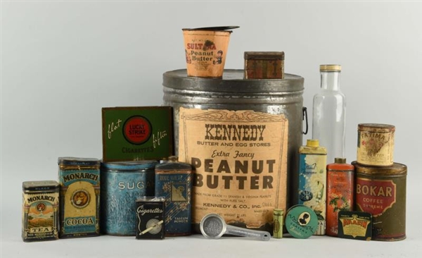 LARGE LOT OF ASSORTED GENERAL STORE TINS.         