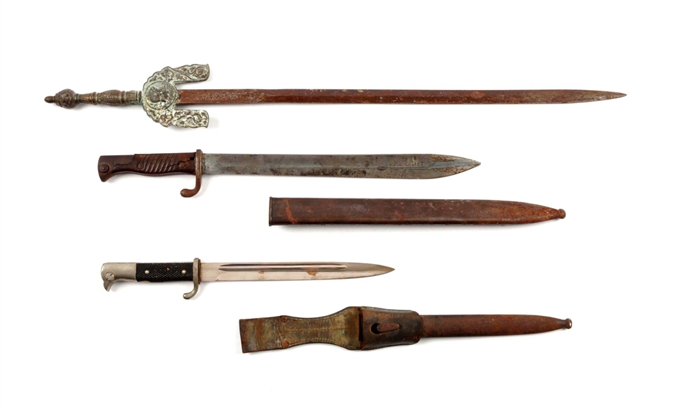 LOT OF CEREMONIAL SWORD & 2 BAYONETS.             