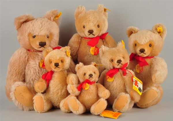 FAMILY OF 6 CARAMEL MOHAIR ORIGINAL TEDDY BEARS.  