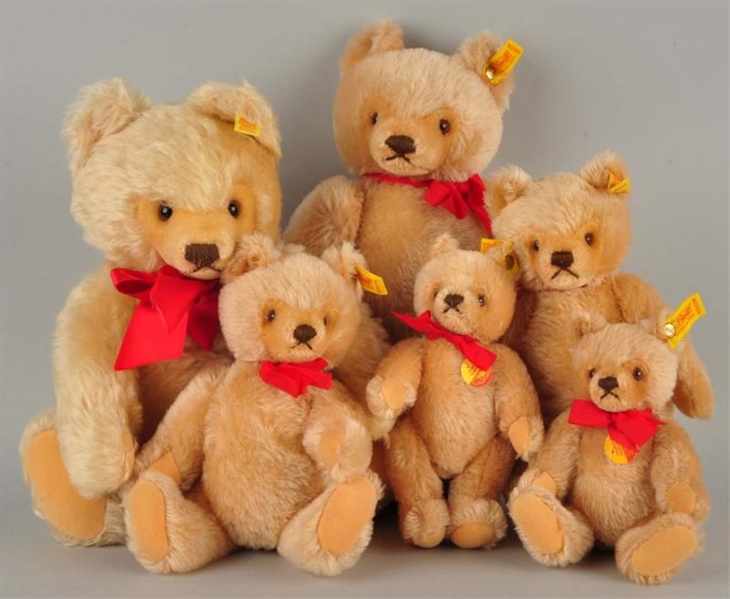 FAMILY OF 6 BLONDE MOHAIR ORIGINAL TEDDY BEARS.   