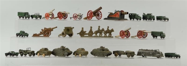 LOT OF 26 DIECAST MILITARY VEHICLES & TOY CANNONS.
