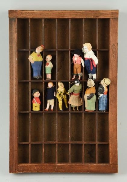 LOT OF 10:  MINIATURE FIGURES IN WOODEN TRAY.     