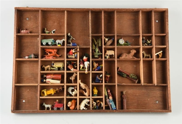 LARGE LOT OF MINIATURES IN WOODEN TRAY.           