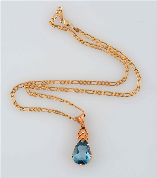 BLUE TOPAZ & YELLOW GOLD FIGARO CHAIN NECKLACE.   