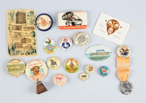 LOT OF 17: AGRICULTURE RELATED ADV. PINBACKS.     