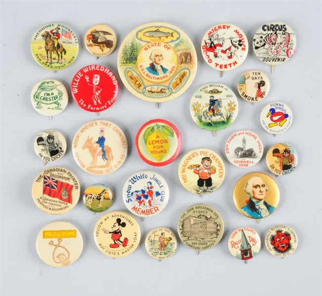 LOT OF 28: ASSORTED CELLULOID ADVERTISING PINS.   
