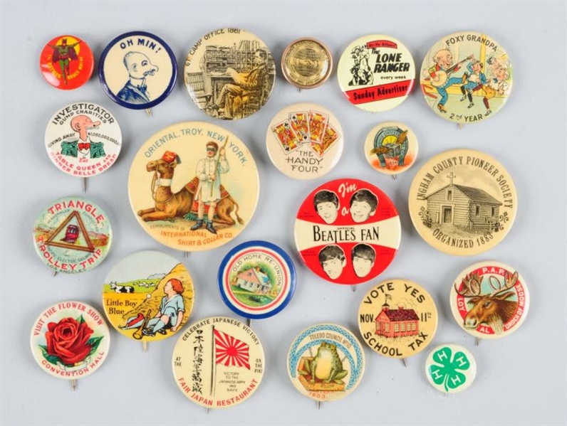 LOT OF 21: ASSORTED CELLULOID ADV. PINBACKS.      