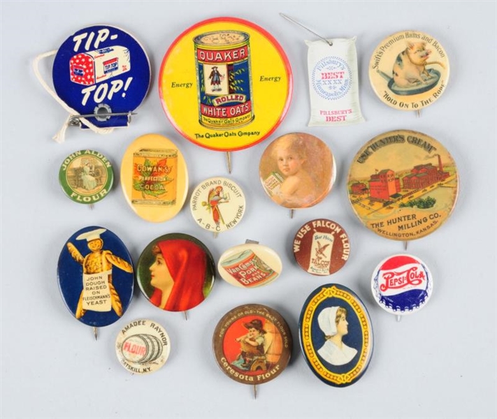 LOT OF 17: ASSORTED FLOUR RELATED PINBACKS.       