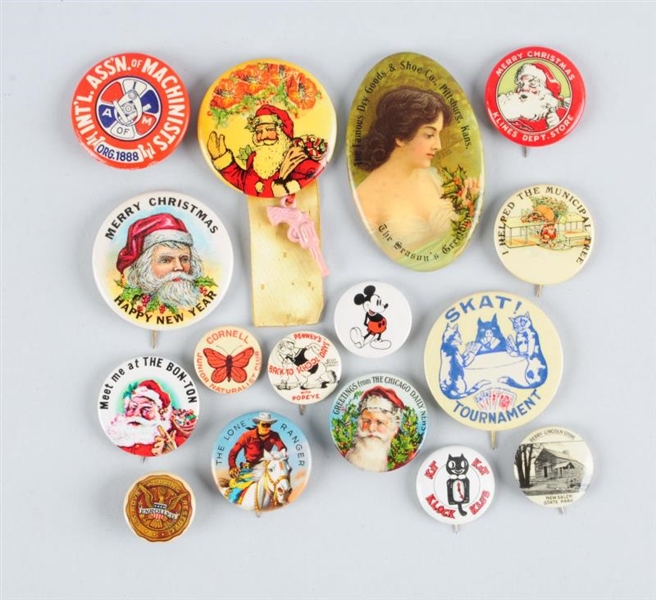 LOT OF 16: ASSORTED CELLULOID PINBACKS & MIRROR.  