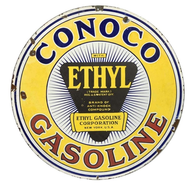 CONOCO GASOLINE W/ ETHYL LOGO PORCELAIN SIGN.     