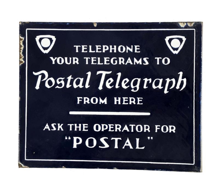 POSTAL TELEGRAPH PORCELAIN FLANGE SIGN.           