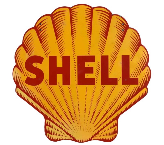 SHELL (SHARK TOOTH) SHELL SHAPED PORCELAIN SIGN.  