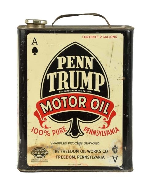 PENN-TRUMP MOTOR OIL W/ LOGO TWO GALLON CAN.      