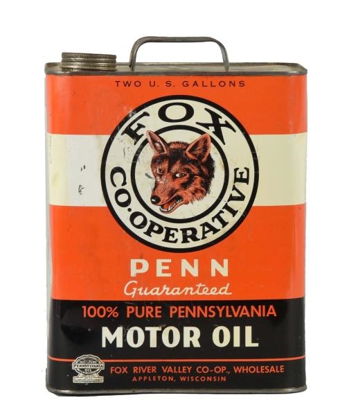FOX CO-OPERATIVE MOTOR OIL TWO GALLON CAN.        