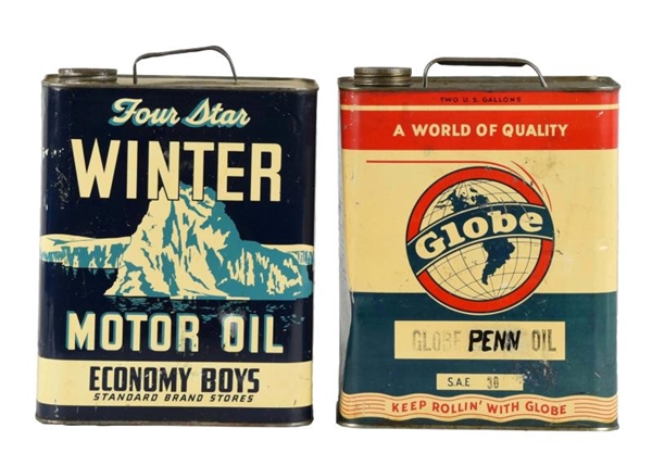 LOT OF 2: WINTER & GLOBE MOTOR OIL TWO GALLON CANS