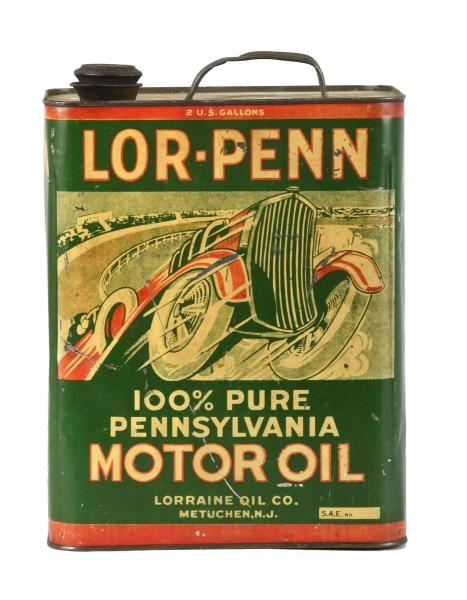LOR-PENN MOTOR OIL W/ RACE CAR TWO GALLON CANS.   