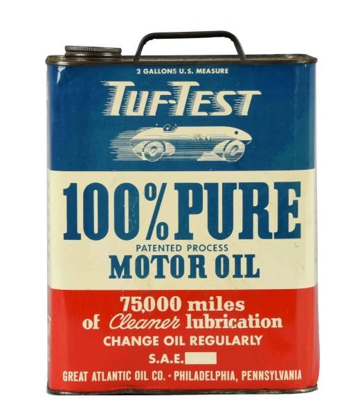 TUF-TEST MOTOR OIL W/ RACE CAR TWO GALLON CAN.    