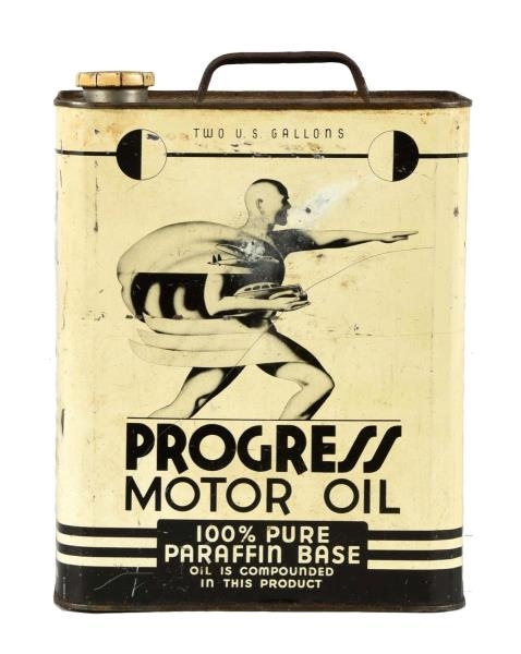PROGRESS MOTOR OIL W/ LOGO TWO GALLON CAN.        
