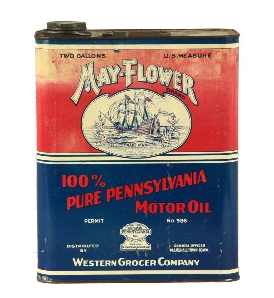 MAY-FLOWER MOTOR OIL TWO GALLON CAN.              