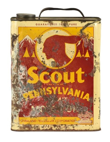 SCOUT MOTOR OIL W/ INDIAN LOGO TWO GALLON CAN.    