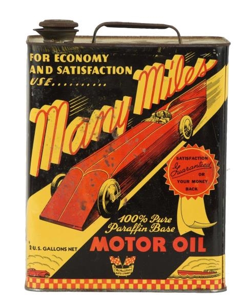 MANY MILES MOTOR OIL TWO GALLON CAN.              
