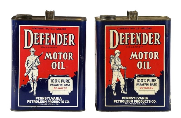 LOT OF 2:  TWO GALLON DEFENDER MOTOR OIL CANS.    