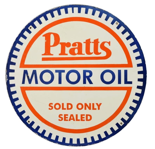 PRATTS MOTOR OIL"SOLD ONLY SEALED" PORCELAIN SIGN.