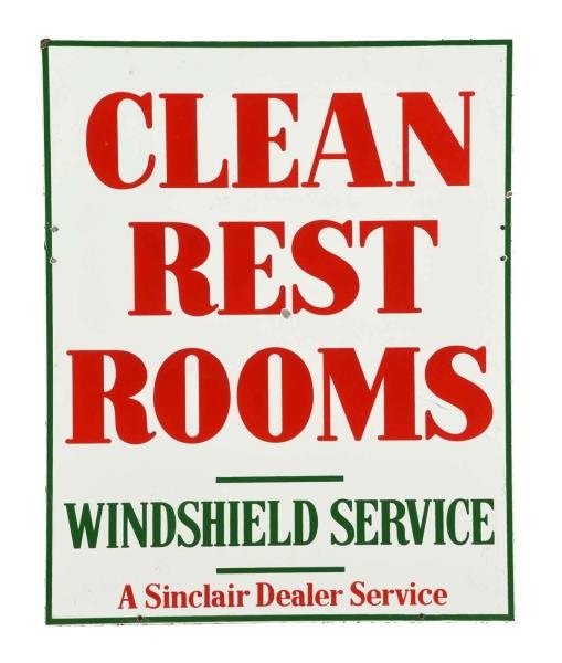 SINCLAIR CLEAN REST ROOMS PORCELAIN SIGN & STAND. 