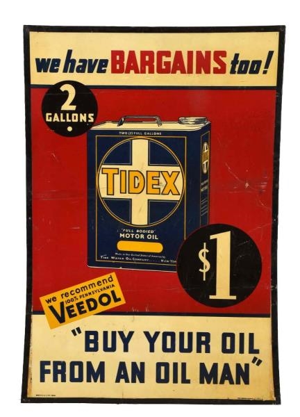 TIDEX MOTOR OIL W/ TWO GALLON CAN CARDBOARD SIGN. 