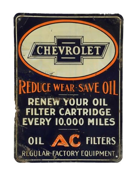 AC OIL FILTERS W/ CHEVROLET LOGO TIN EMBOSSED SIGN