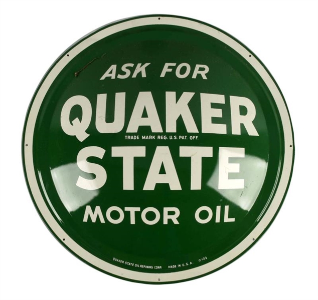 QUAKER STATE MOTOR OIL TIN CONVEXED SIGN.         