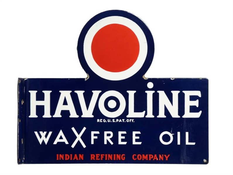 HAVOLINE WAX FREE OIL PORCELAIN FLANGE SIGN.      