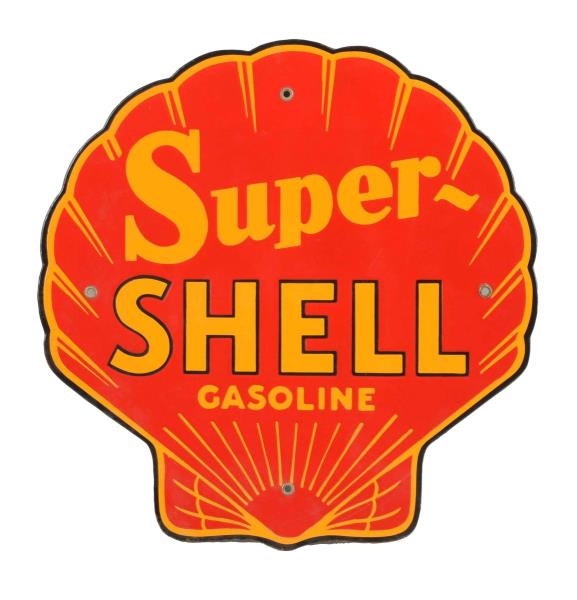 SUPER SHELL GASOLINE PORCELAIN SHELL SHAPED SIGN. 