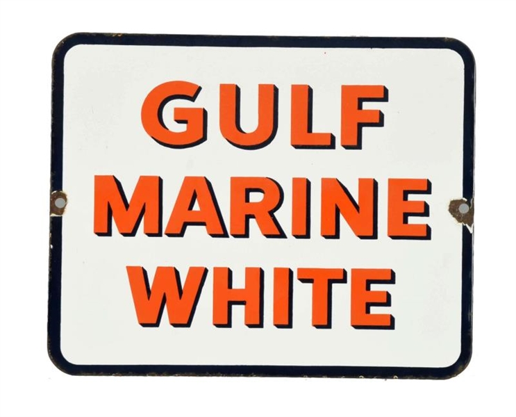 GULF MARINE WHITE (BLACK OUTLINE) PORCELAIN SIGN. 