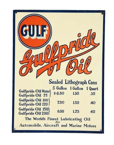 GULFPRIDE OIL TIN EMBOSSED SIGN.                  