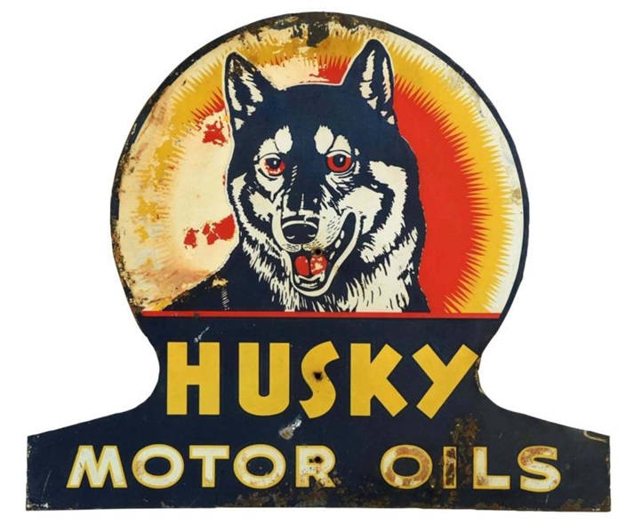 HUSKY MOTOR OILS W/ SUNBURST LOGO DIECUT TIN SIGN.