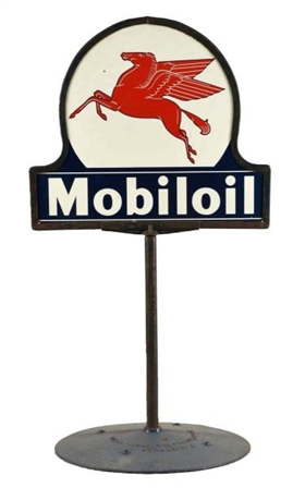 MOBILOIL WITH PEGASUS PORCELAIN DIECUT CURB SIGN. 
