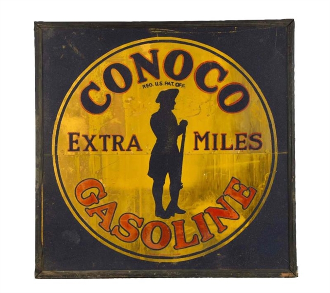 CONOCO GASOLINE W/ SOLDIER TIN SIGN.              