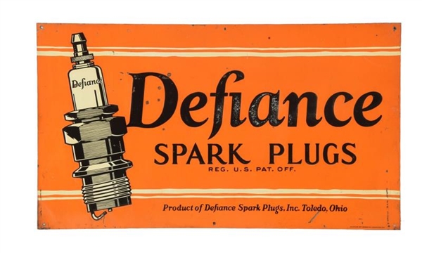 DEFIANCE SPARK PLUGS W/ LOGO EMBOSSED SIGN.       