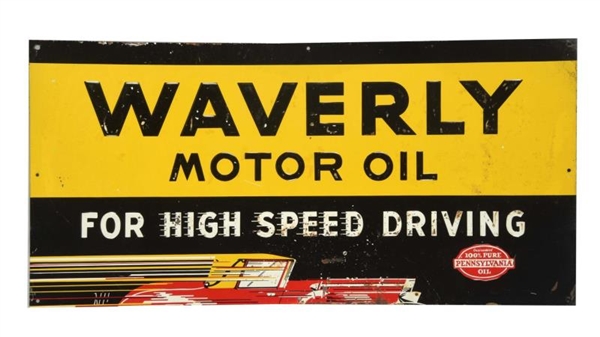 WAVERLY MOTOR OIL WITH CAR TIN EMBOSSED SIGN.     